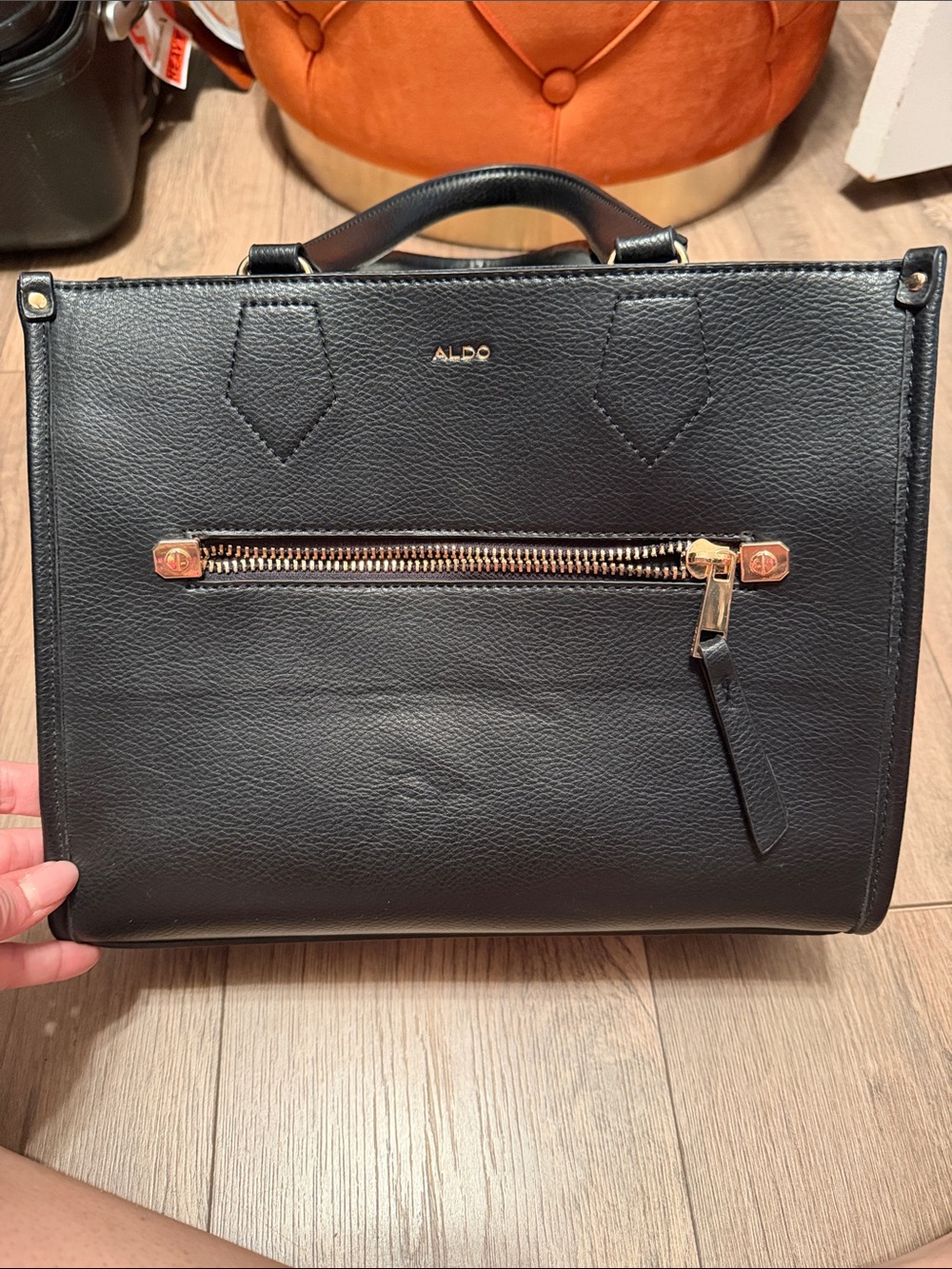 ALDO Black Leather Briefcase with Gold Zipper Accents